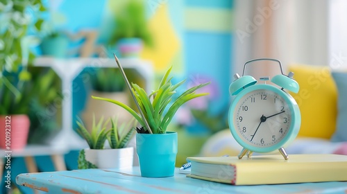 Childrens table with book pencil alarm clock decor plants and copy space for product display over blurred colorful kids bedroom in the background