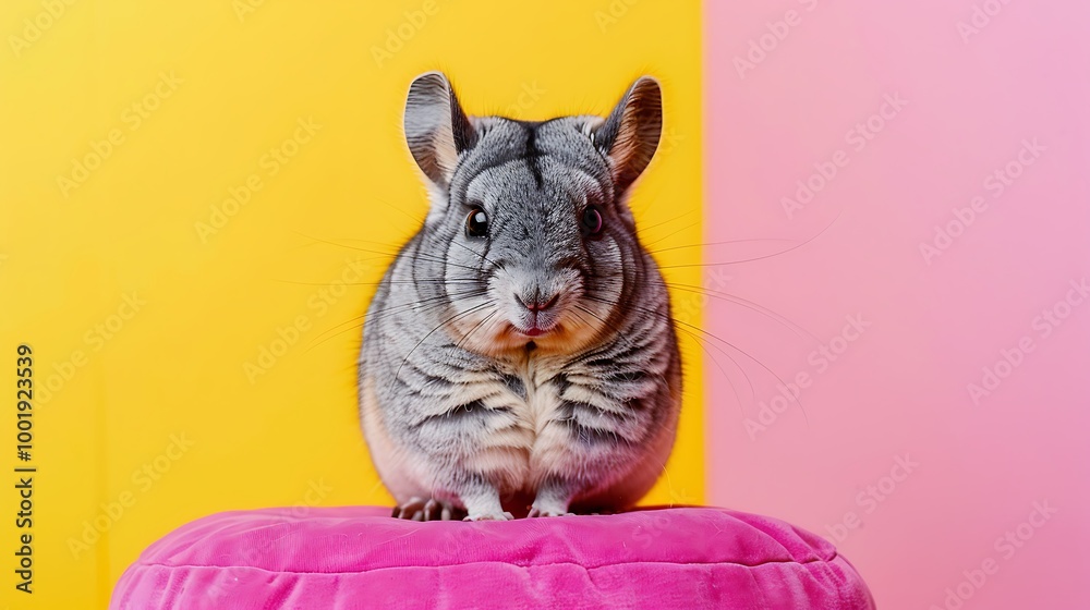 Obraz premium Chinchilla sitting on a cushion on pink and yellow background
