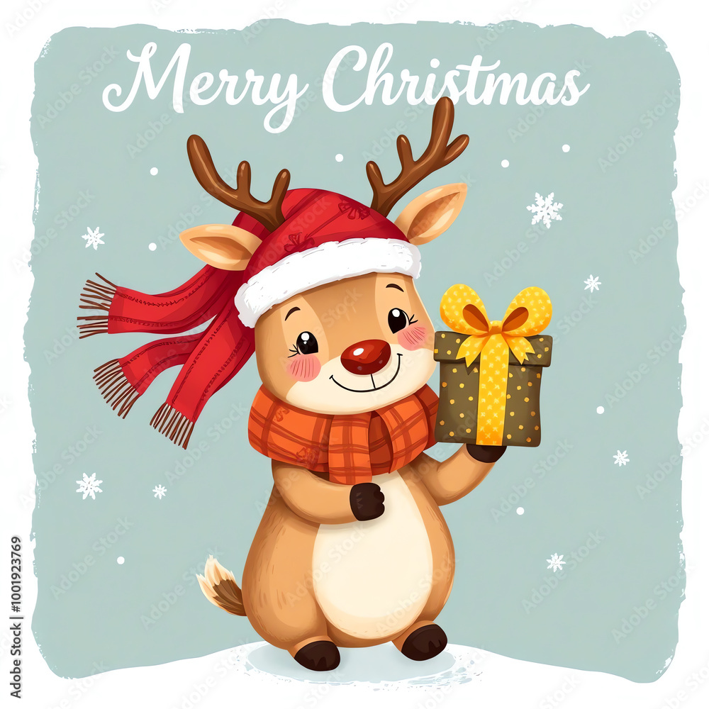 Cute cartoon reindeer with a Christmas present. winter Christmas greeting card template. Cute cartoon reindeer with a Christmas present. winter Christmas greeting card template.