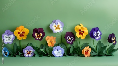 Colorful bouquet of pansies on green background