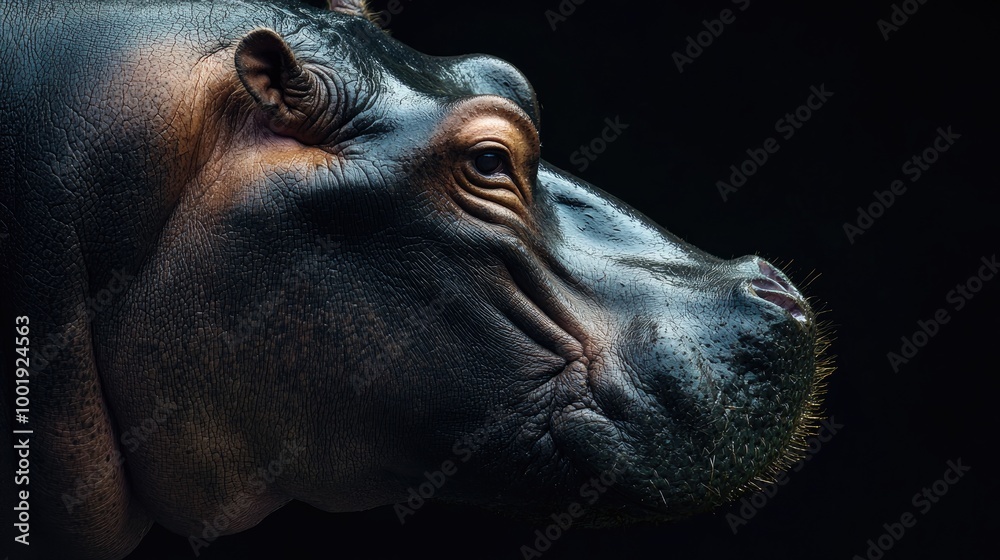 close up head hippopotamus on dark studio shoot background close up head hippopotamus on dark studio shoot background