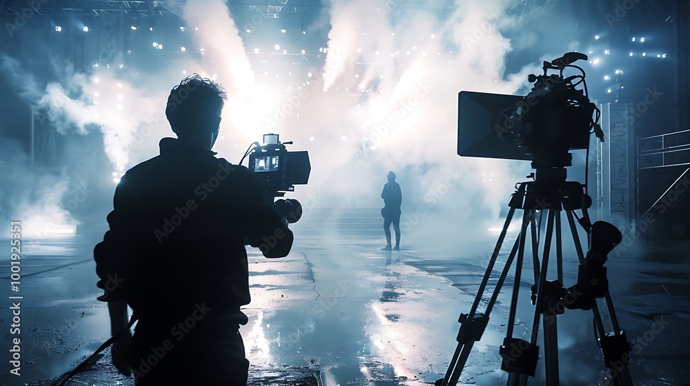 Fototapeta premium Cameraman films a scene on a movie set with a professional camera and a tripod, there's a lot of smoke and light on set.