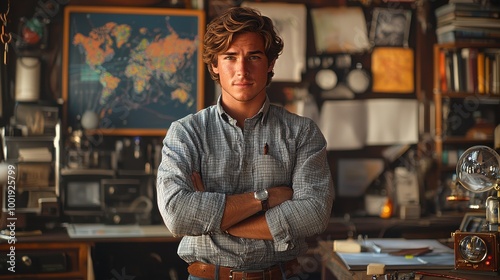 Young man standing confidently in a creative workspace filled with maps, books, and various tools during daytime