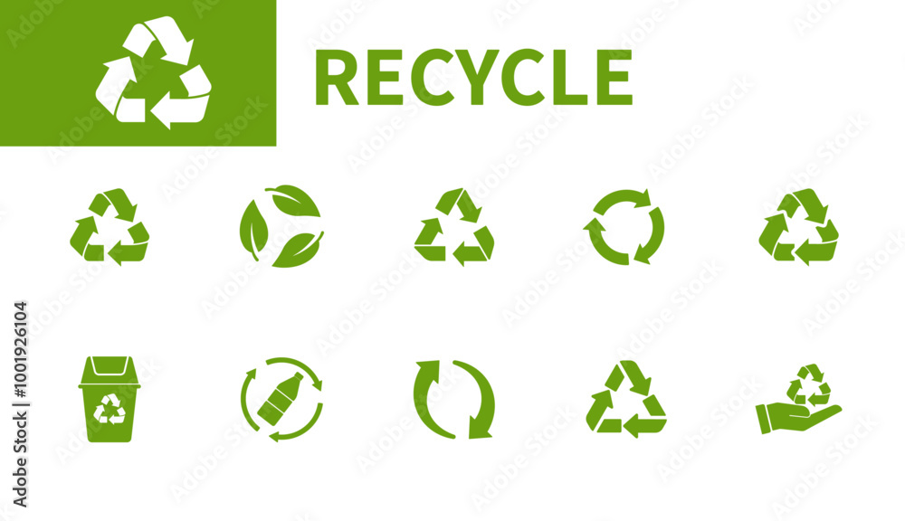 Recycle icons. Set of solid vector symbols on environment, ecology, recycling, trash, environmental protection, loop.