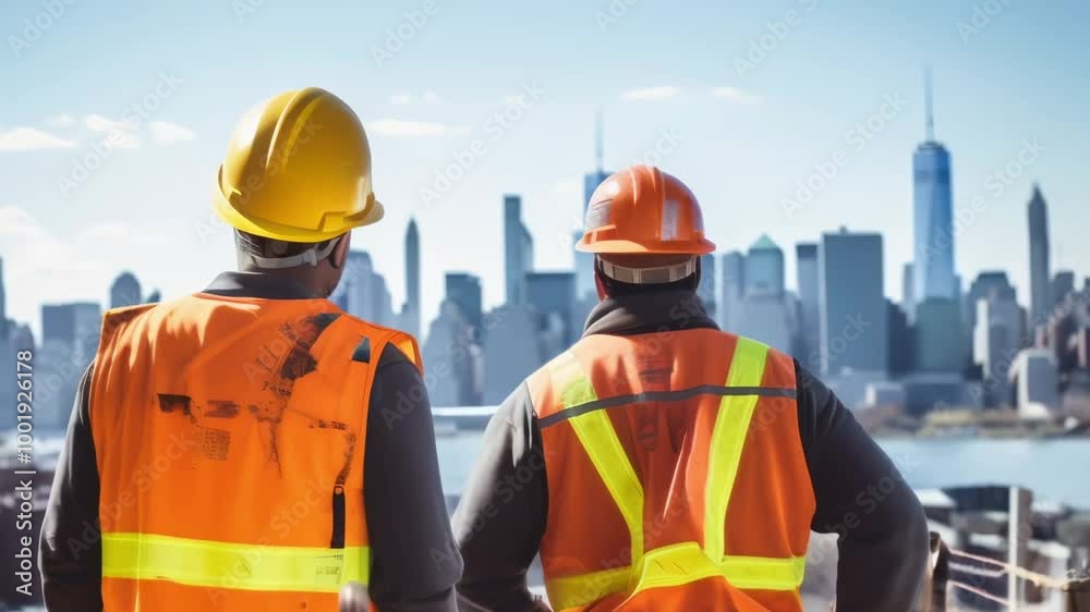Two construction workers in safety gear admire the nyc skyline on a sunny day, showcasing teamwork, dedication, and urban growth Two construction workers in safety gear admire the nyc skyline on a sunny day, showcasing teamwork, dedication, and urban growth