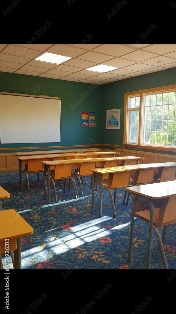 Fototapeta premium Empty classroom with wooden desks and chairs