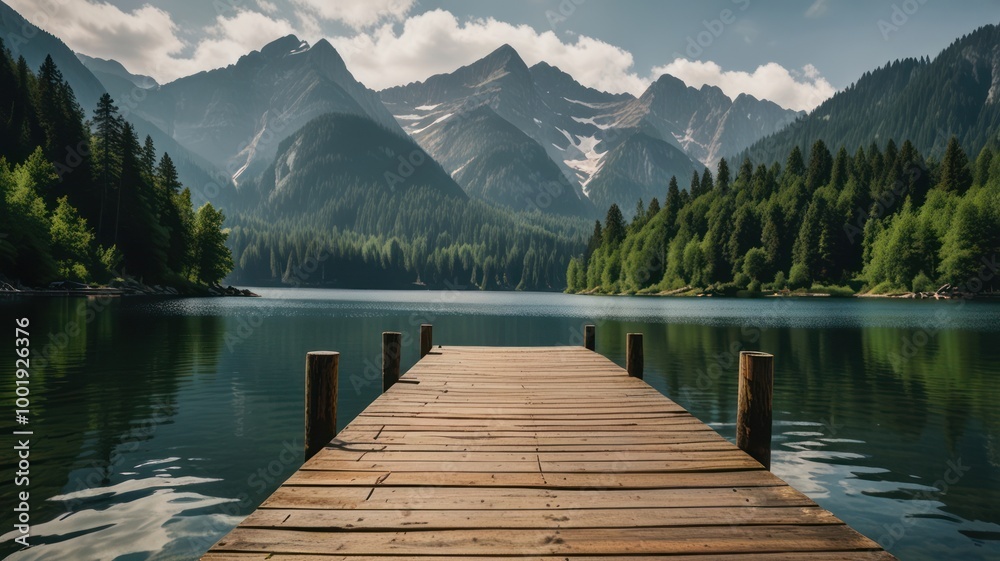 Serene Mountain Lake with Wooden Dock Serene Mountain Lake with Wooden Dock
