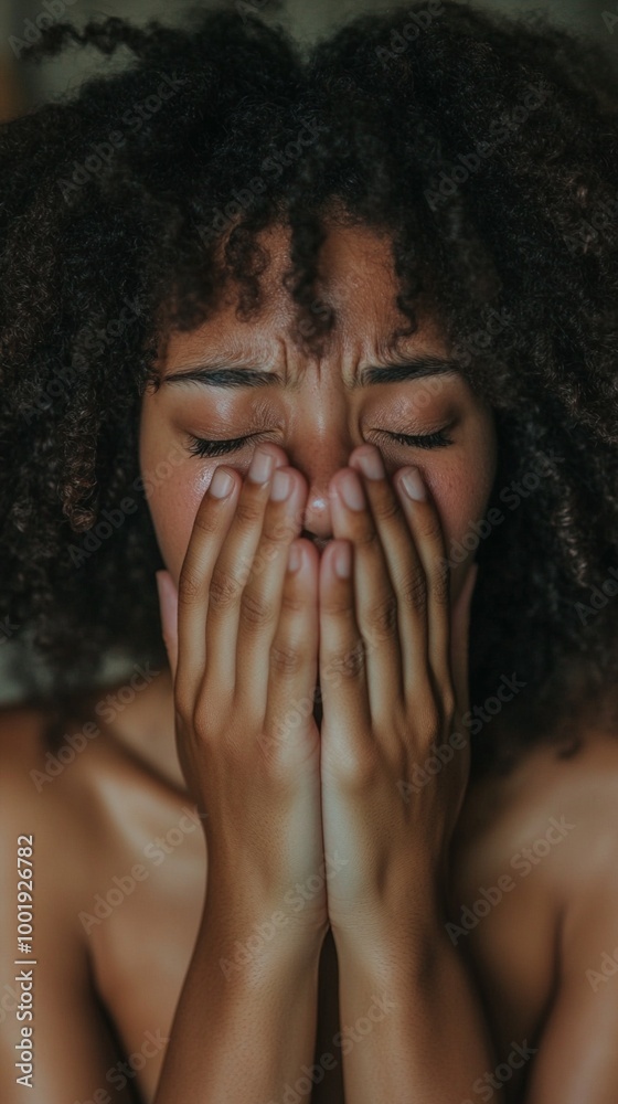 Emotional portrait capturing raw vulnerability: hands covering face, eyes closed, curly hair framing features. Intimate moment of introspection or distress. Emotional portrait capturing raw vulnerability: hands covering face, eyes closed, curly hair framing features. Intimate moment of introspection or distress.