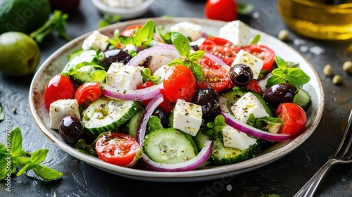 Delicious Greek Salad with Feta Cheese, Olives, and Tomatoes