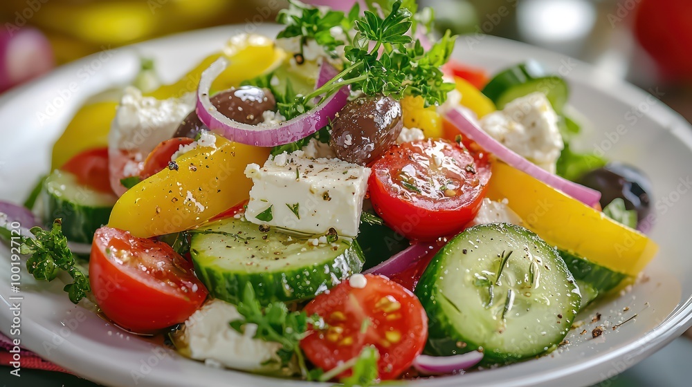 Fresh Greek Salad with Feta Cheese and Olives Fresh Greek Salad with Feta Cheese and Olives