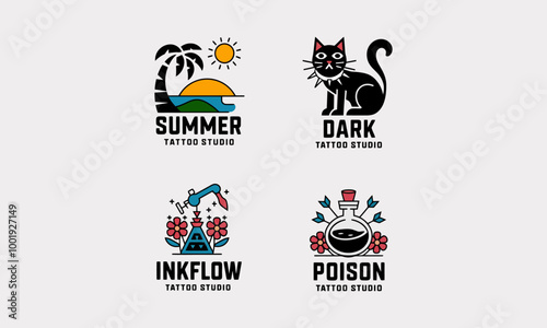 Colorful tattoo studio logos featuring various themes.
