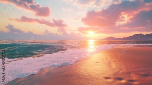 A quiet beach at twilight, the sky glowing with orange and pink