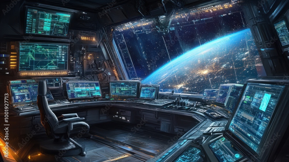 Fototapeta premium A high-tech control center inside a space station, where scientists analyze data from ongoing experiments and missions