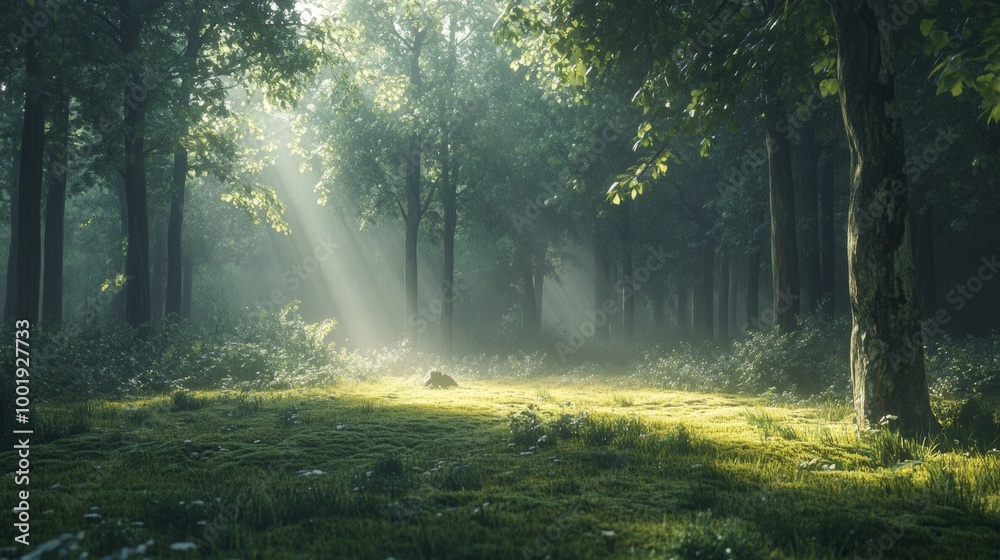 Obraz premium A serene morning in a misty forest, sunlight barely visible through the thick canopy