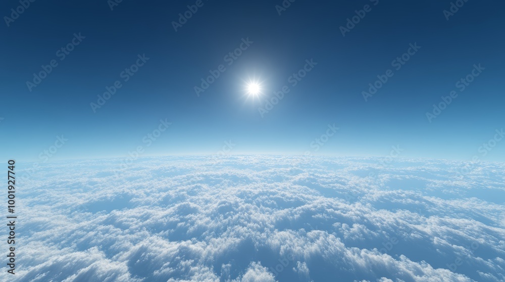 A serene morning sky above sparse clouds, deep blue with a small bright sun A serene morning sky above sparse clouds, deep blue with a small bright sun