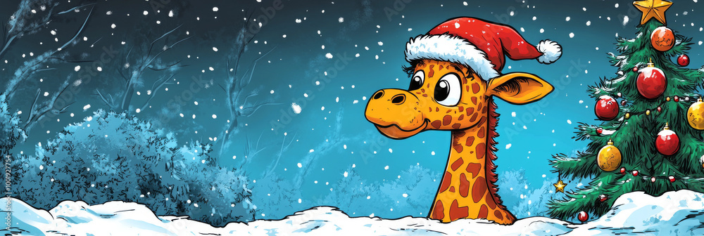 Cute giraffe in a Santa hat looks at a Christmas tree. Cute giraffe in a Santa hat looks at a Christmas tree.