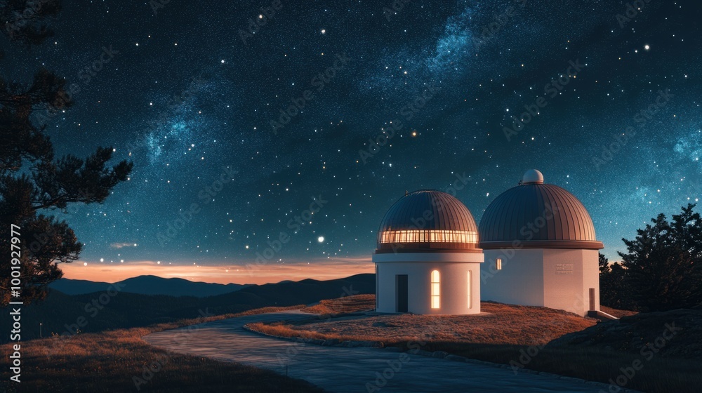 A nighttime scene of an observatory lit up with lights, showcasing its architecture and the surrounding starry sky A nighttime scene of an observatory lit up with lights, showcasing its architecture and the surrounding starry sky