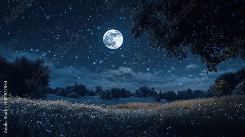 Wallpaper Mural A night sky filled with stars and a prominent full Moon, casting gentle light over a peaceful countryside landscape Torontodigital.ca