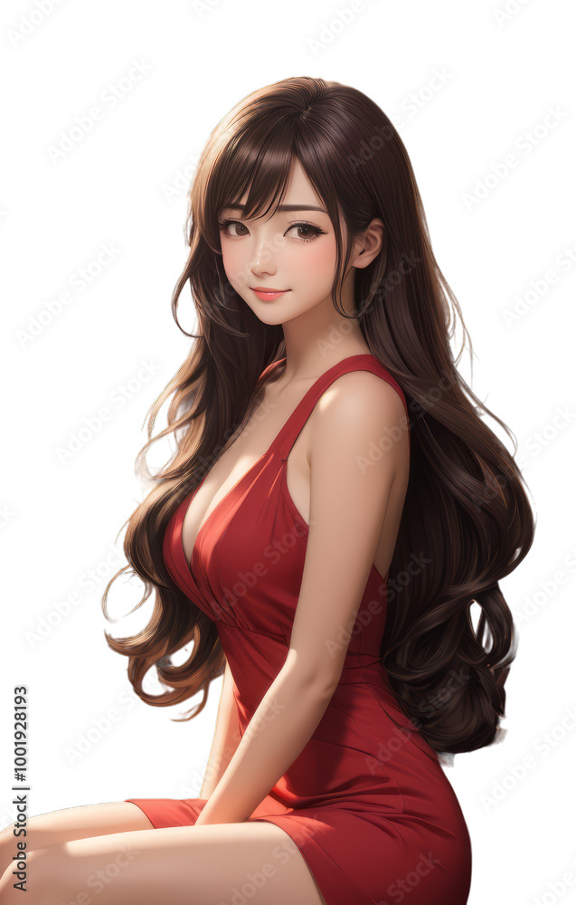 Japanese woman she is sitting on a chair wearing a red dress on transparent background PNG Japanese woman she is sitting on a chair wearing a red dress on transparent background PNG