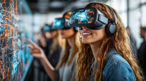 Participants engage with virtual reality technology at a tech expo in a modern venue, exploring digital experiences and simulations