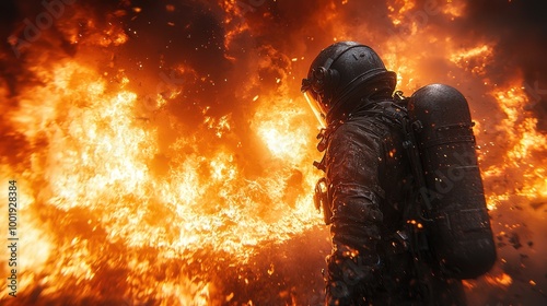 A firefighter stands resolutely against a backdrop of raging flames in a dramatic display of bravery and determination during a wildfire