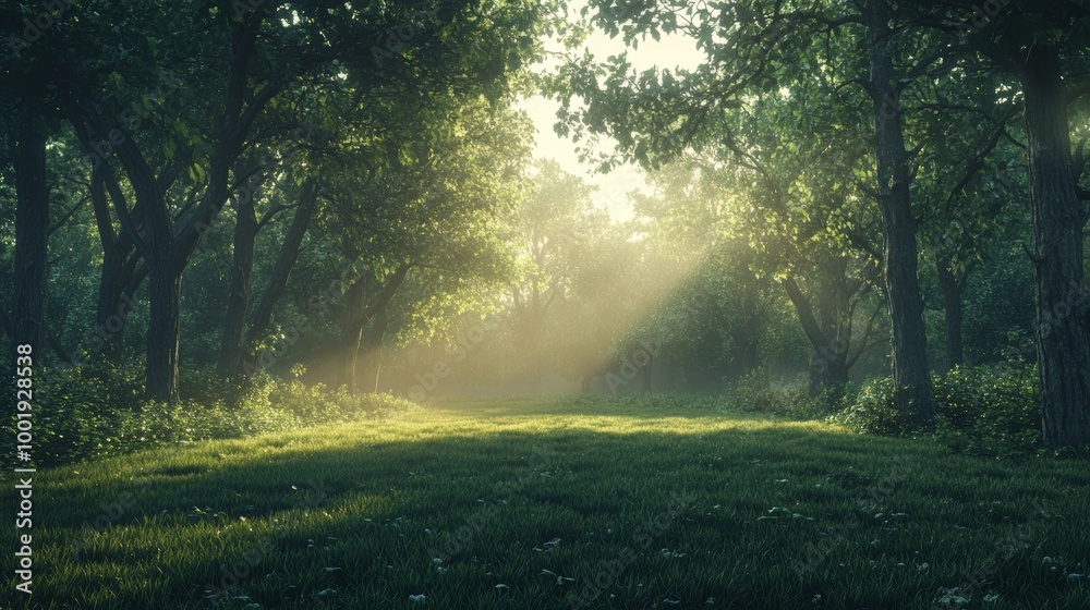 Obraz premium A tranquil forest clearing at sunrise, with diffused light gently filtering through the trees