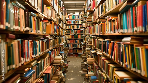 Empty book hall in a library books stacked on bookshelves in alphabetical order