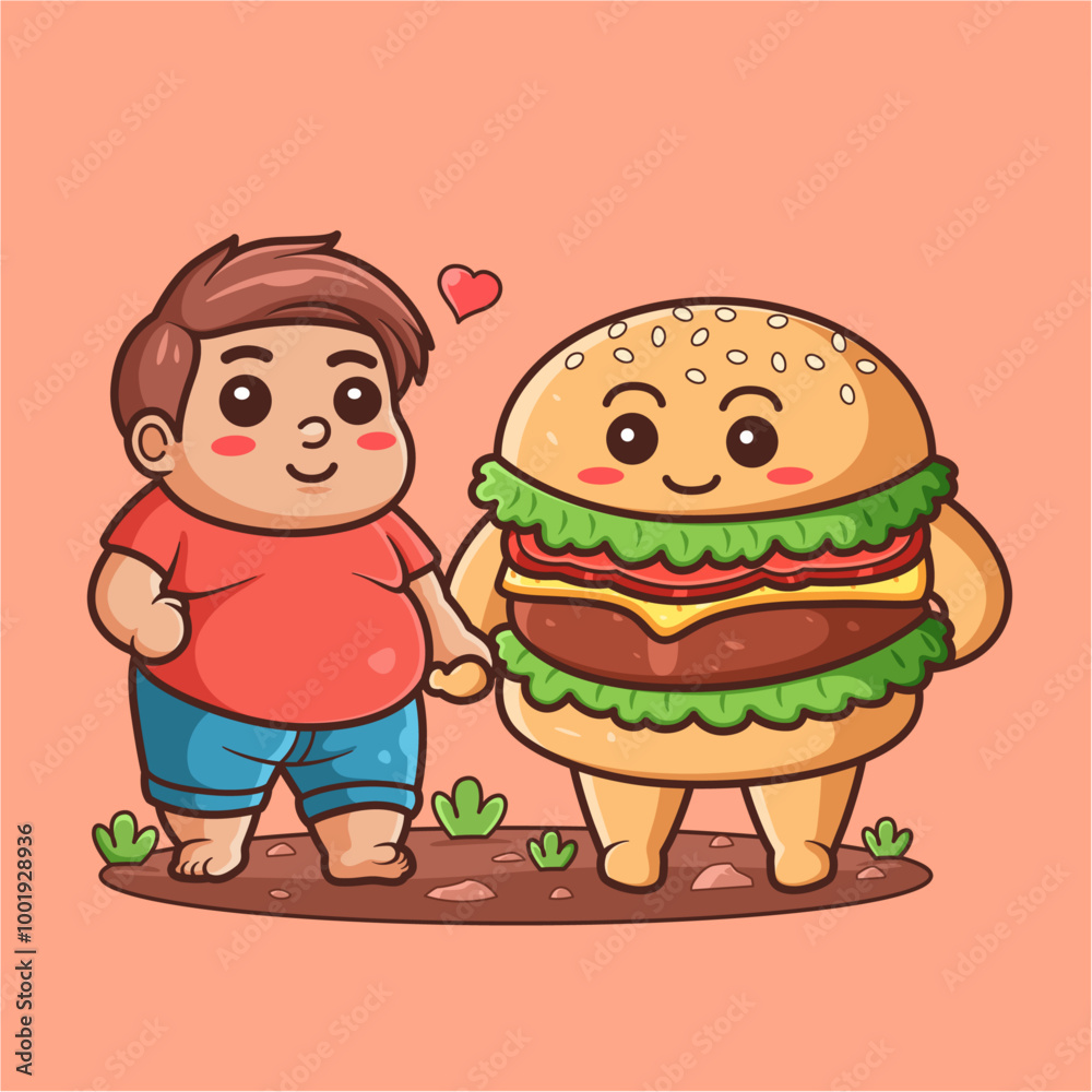 Cute illustration of a boy who really likes hamburgers, holding hands with a hamburger Cute illustration of a boy who really likes hamburgers, holding hands with a hamburger