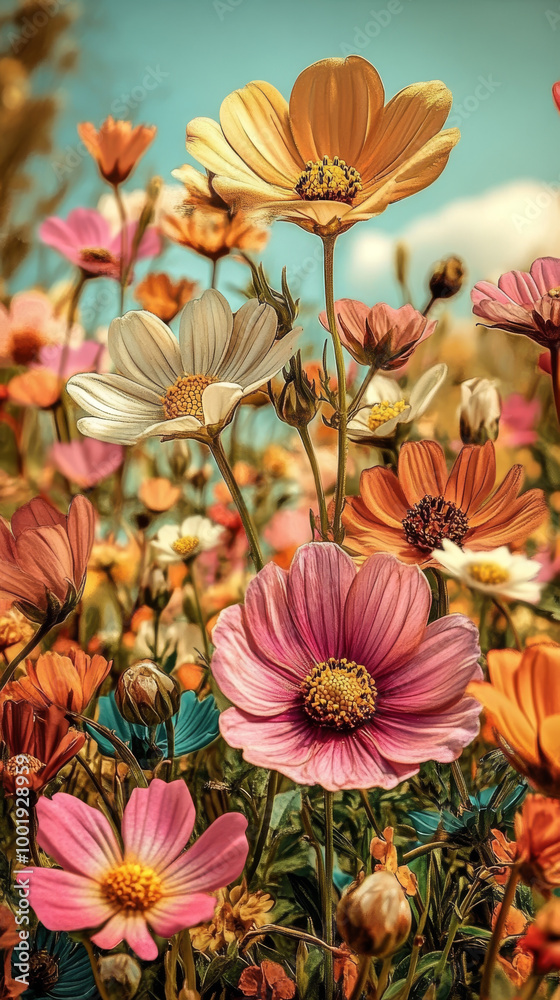 custom made wallpaper toronto digitalA field of vibrant, colorful flowers, showcasing a mix of pink, yellow, and orange hues.
