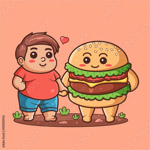 Cute illustration of a boy who really likes hamburgers, holding hands with a hamburger