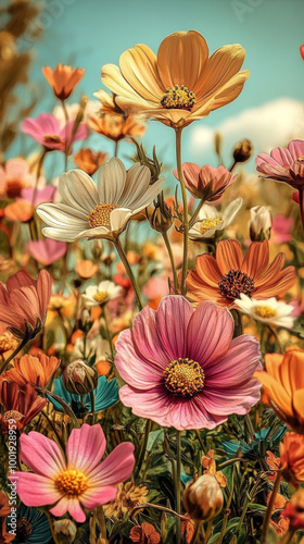 Wallpaper Mural A field of vibrant, colorful flowers, showcasing a mix of pink, yellow, and orange hues. Torontodigital.ca