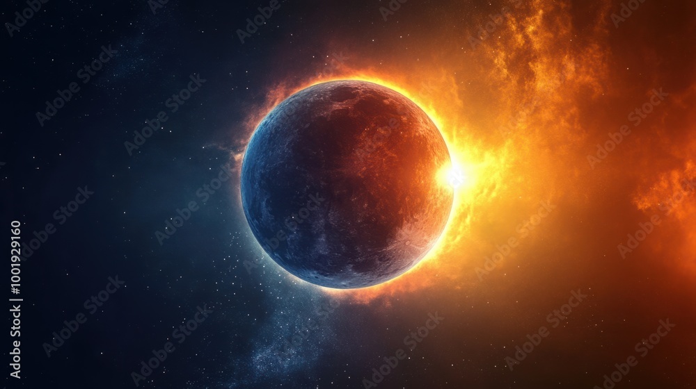 Fototapeta premium A solar eclipse with the Sun partially obscured by the Moon, casting a dramatic shadow over Earth