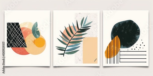 Palm leaf geometric poster collection: midcentury style with modern illustration, geo elements. Ideal for minimal prints, posters, boho wall decor in flat design.