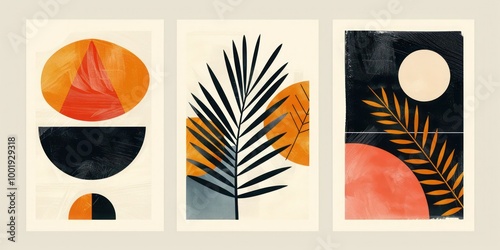 Geometric midcentury posters: modern palm leaf and geo elements for minimal prints, posters, boho wall decor in flat design style.