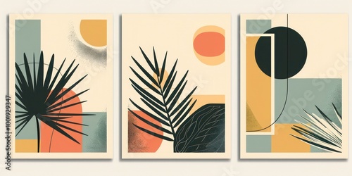 Modern midcentury geometric posters: featuring palm leaf, geo elements for minimal prints, posters, boho wall decor. Flat design with modern illustration.