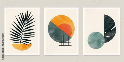 Midcentury geometric poster set: palm leaf and geo elements in modern illustration. Minimal prints, posters, boho wall decor with flat design aesthetics.