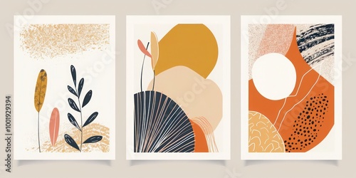 Abstract mid-century modern boho poster set: minimal shape compositions for postcards, covers, wallpaper, and home decor, ideal for modern and stylish wall art.