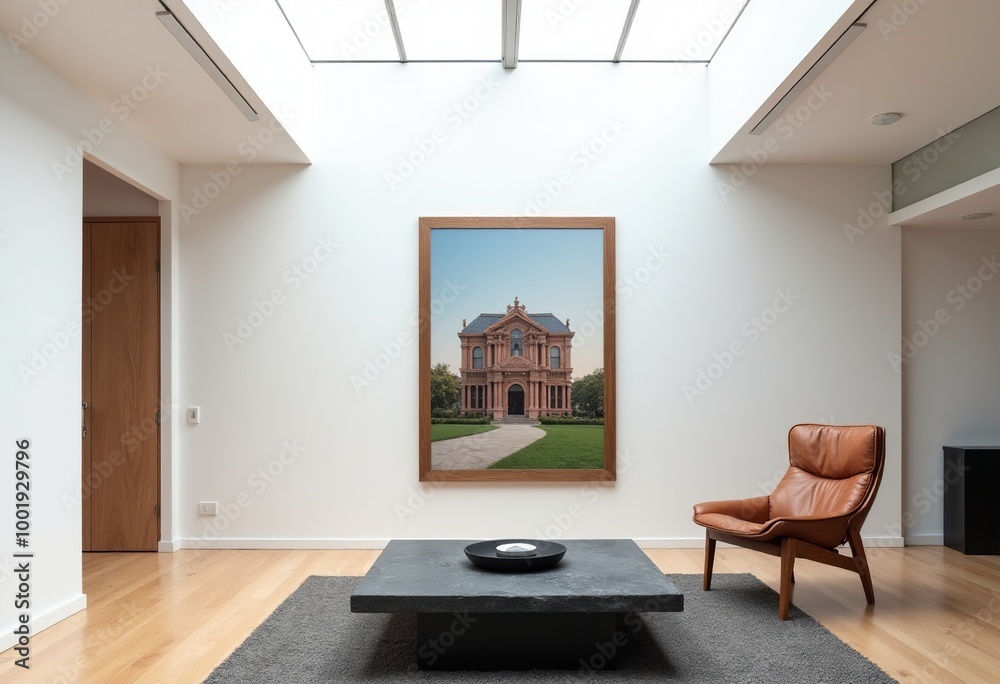 Fototapeta premium Contemporary Gallery Chic: Minimalist White Space, Wood Frames & Modern Furniture - High-Res Architectural Photography in Skylit Art Environment