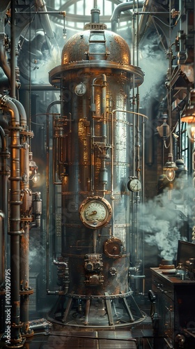 Steampunk Industrial Machinery: A Vintage Factory Interior