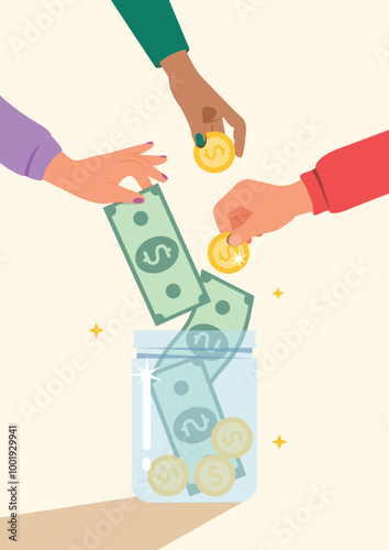 Hand holding money, giving money for donation. Person's hand into donation box, charity concept. Support and help people concept.