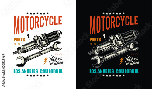 Retro poster. Spark plug and wrench. Original vector illustration in vintage style. T-shirt design.