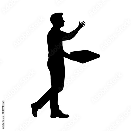 Silhouette of a pizza delivery man on a transparent background,  black outline, isolated, simple design, vector illustration, minimalistic, courier, fast food, carrying pizza, male figure, side view, 