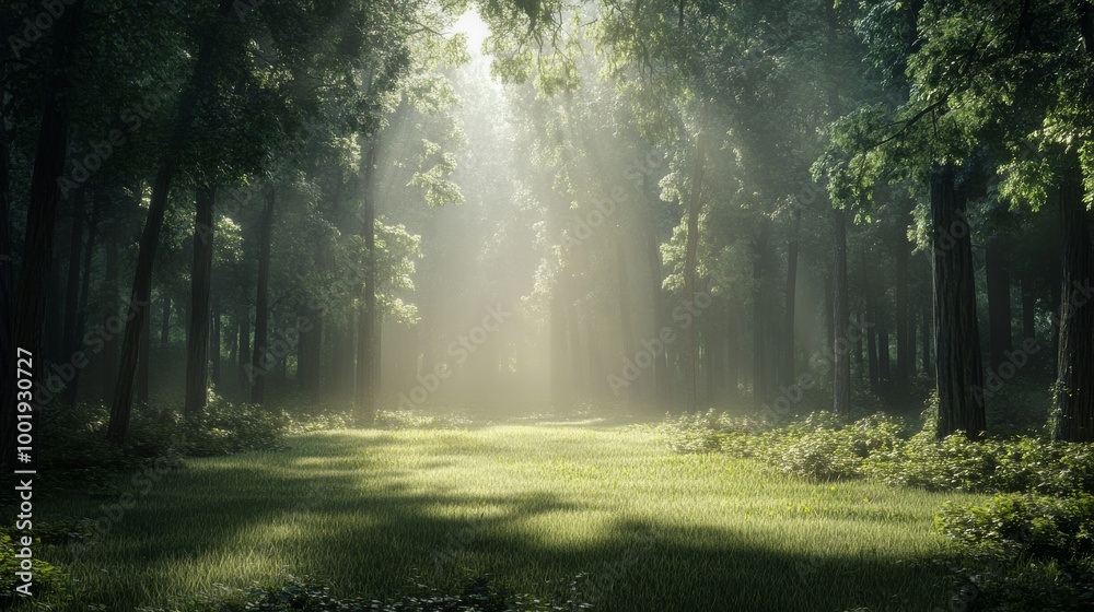 Naklejka premium Morning mist in a dense forest, with faint sunlight barely breaking through