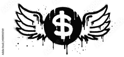 Spray painted graffiti flying dollar with wings icon in black over white. Dollar money with wings drip symbol. isolated on white background. vector illustration