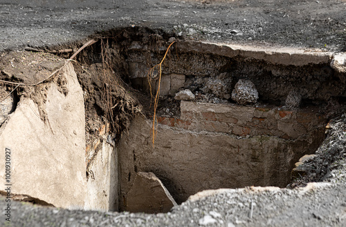 Hole in the ground from destruction, earthquake and damage concept.