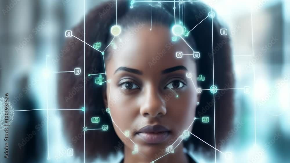 Businesswoman uses face recognition software for enhanced security in the digital age, showcasing innovative ai in modern business practices Businesswoman uses face recognition software for enhanced security in the digital age, showcasing innovative ai in modern business practices