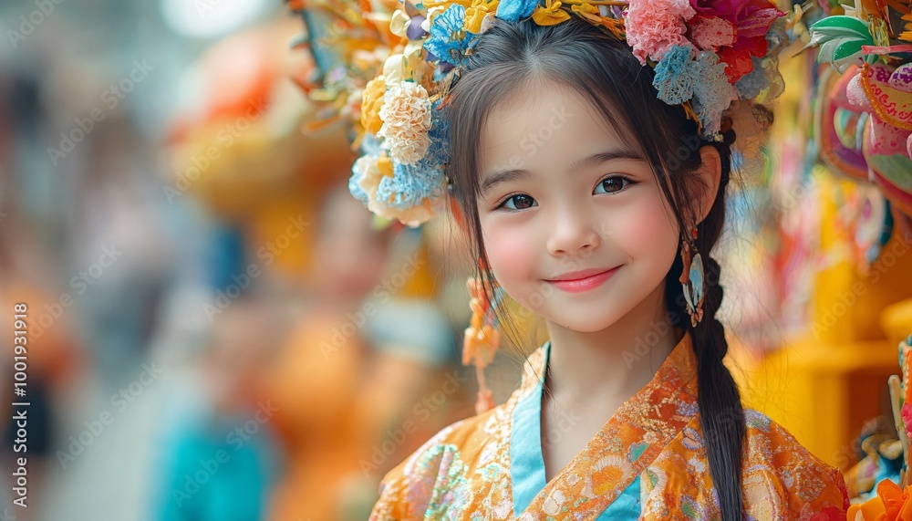 Vibrant Cultural Celebration: Young Girl in Traditional Attire Amid Colorful Parade Floats and Festive Decorations Vibrant Cultural Celebration: Young Girl in Traditional Attire Amid Colorful Parade Floats and Festive Decorations