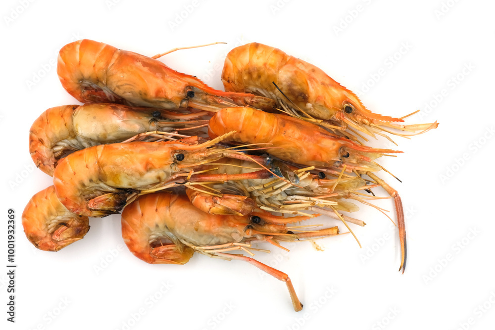 Grilled shrimp on a white background. Seafood. Natural symptoms Grilled shrimp on a white background. Seafood. Natural symptoms