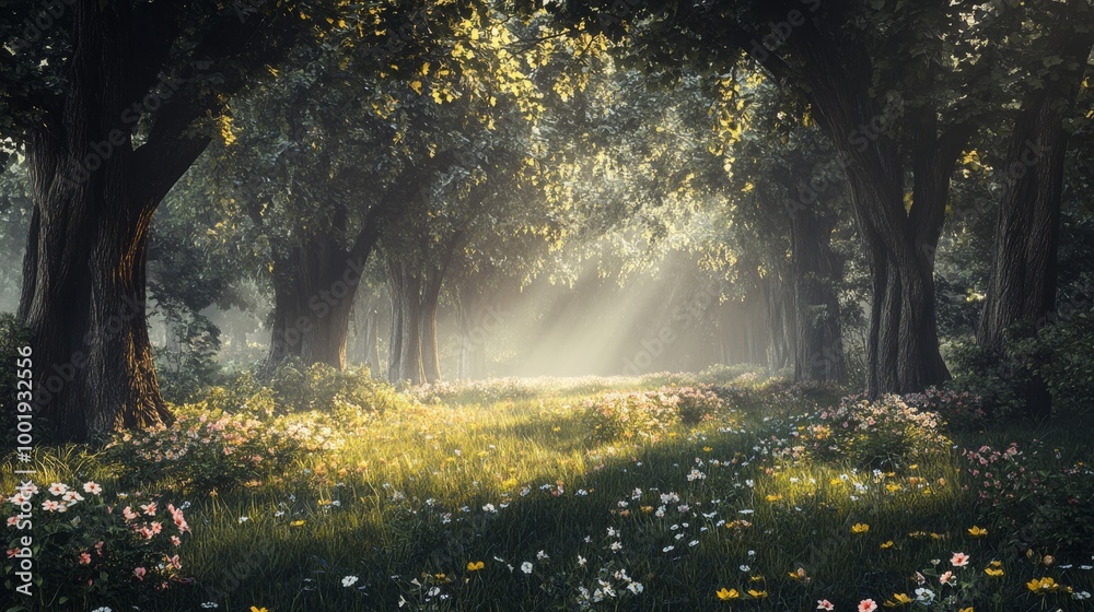 Fototapeta premium A dense, misty forest at dawn