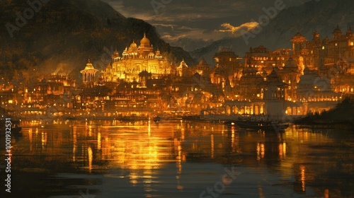 Golden City Glowing by the Calm Water Surface